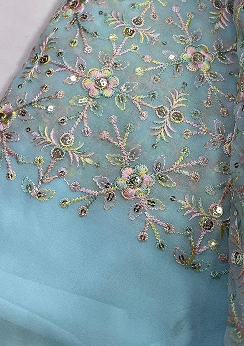 Blue Embroidered Georgette Pre Draped Saree Set