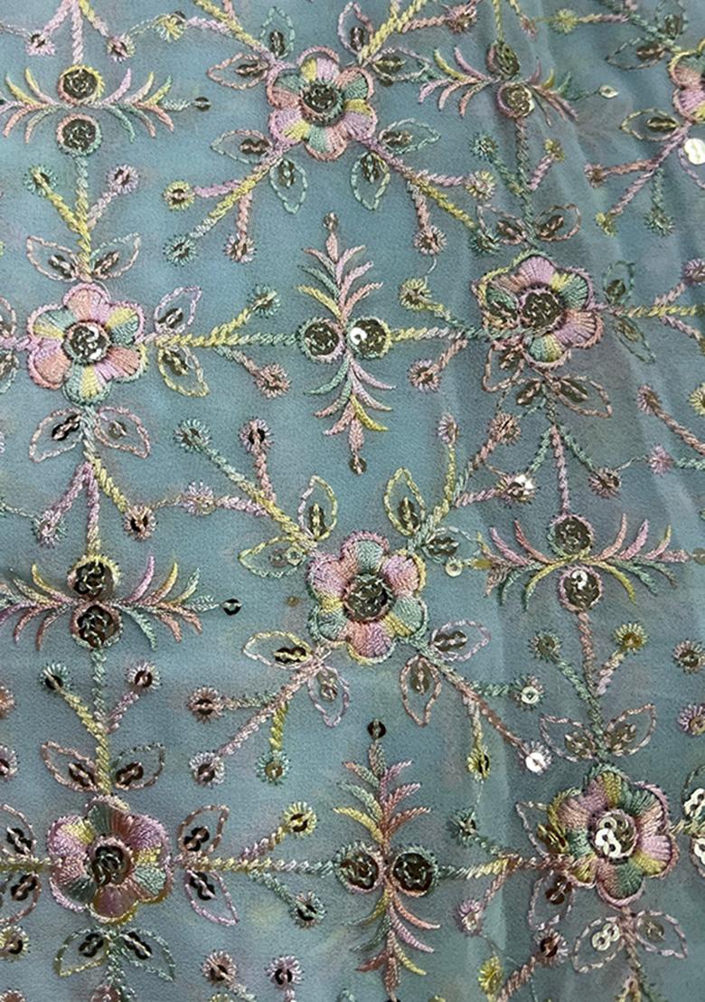 Blue Embroidered Georgette Pre Draped Saree Set