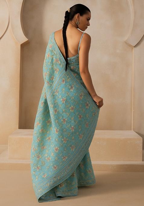Blue Embroidered Georgette Pre Draped Saree Set