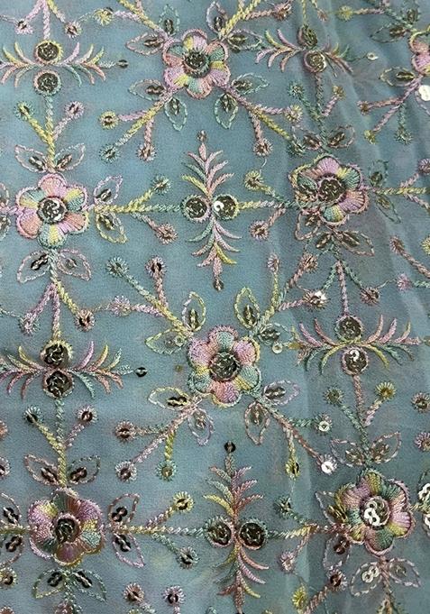 Blue Embroidered Georgette Pre Draped Saree Set