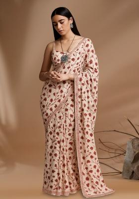 Off White Printed Georgette Pre Draped Saree Set