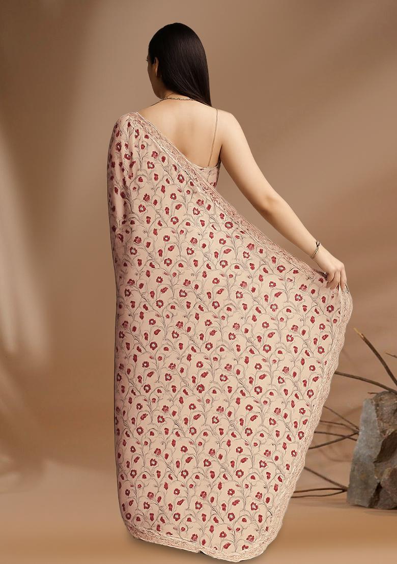 Off White Printed Georgette Pre Draped Saree Set - Indya