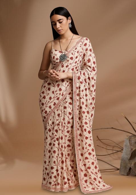Off White Printed Georgette Pre Draped Saree Set