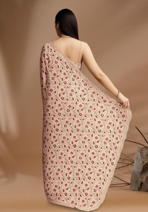 Off White Printed Georgette Pre Draped Saree Set