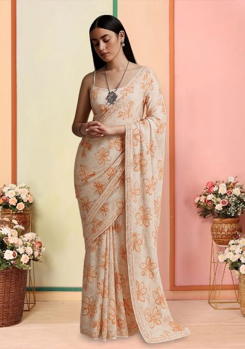 Off White Printed Pre Draped Saree Set
