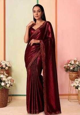Red Solid Knitted Foil Pre Draped Saree Set