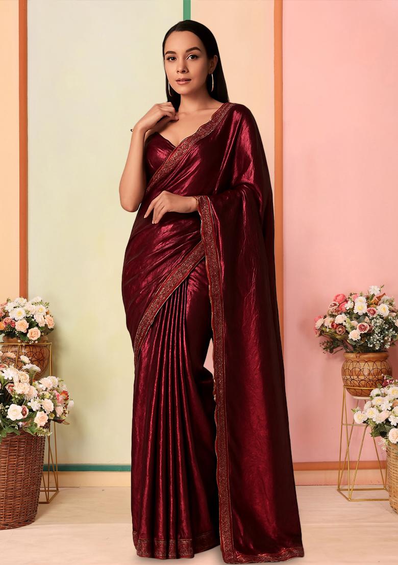Red Solid Knitted Foil Pre Draped Saree Set