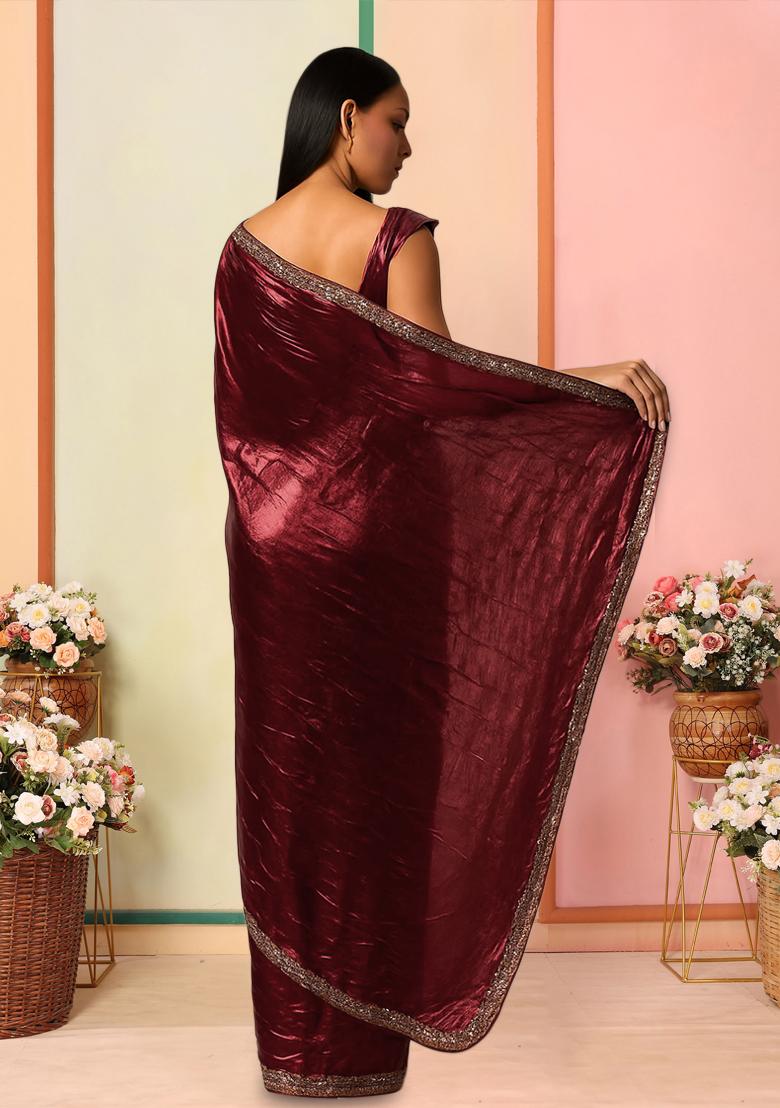 Red Solid Knitted Foil Pre Draped Saree Set