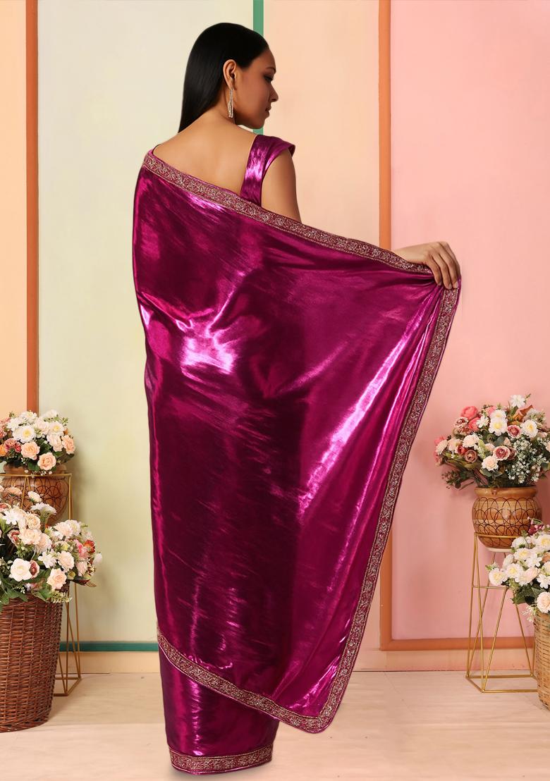Pink Solid Knitted Foil Pre Draped Saree Set - Indya