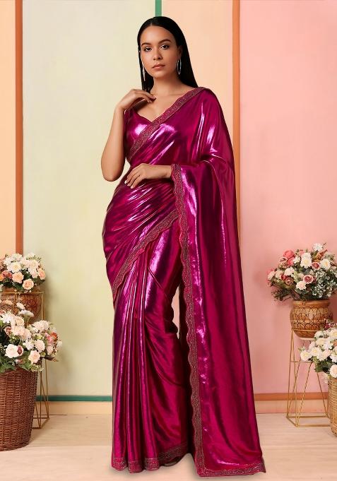 Pink Solid Knitted Foil Pre Draped Saree Set