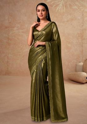 Green Solid Knitted Foil Pre Draped Saree Set