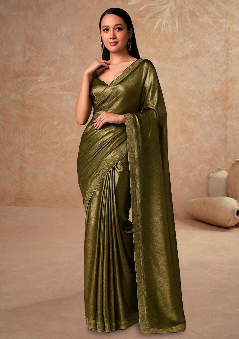Green Solid Knitted Foil Pre Draped Saree Set
