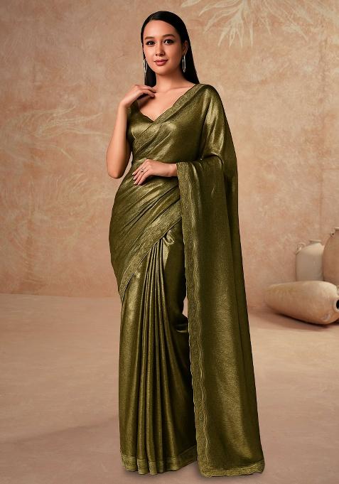 Green Solid Knitted Foil Pre Draped Saree Set
