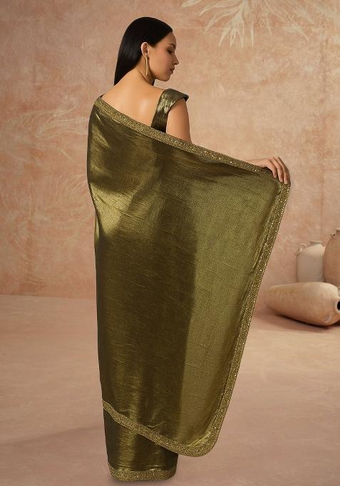 Green Solid Knitted Foil Pre Draped Saree Set