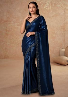 Blue Solid Knitted Foil Pre Draped Saree Set