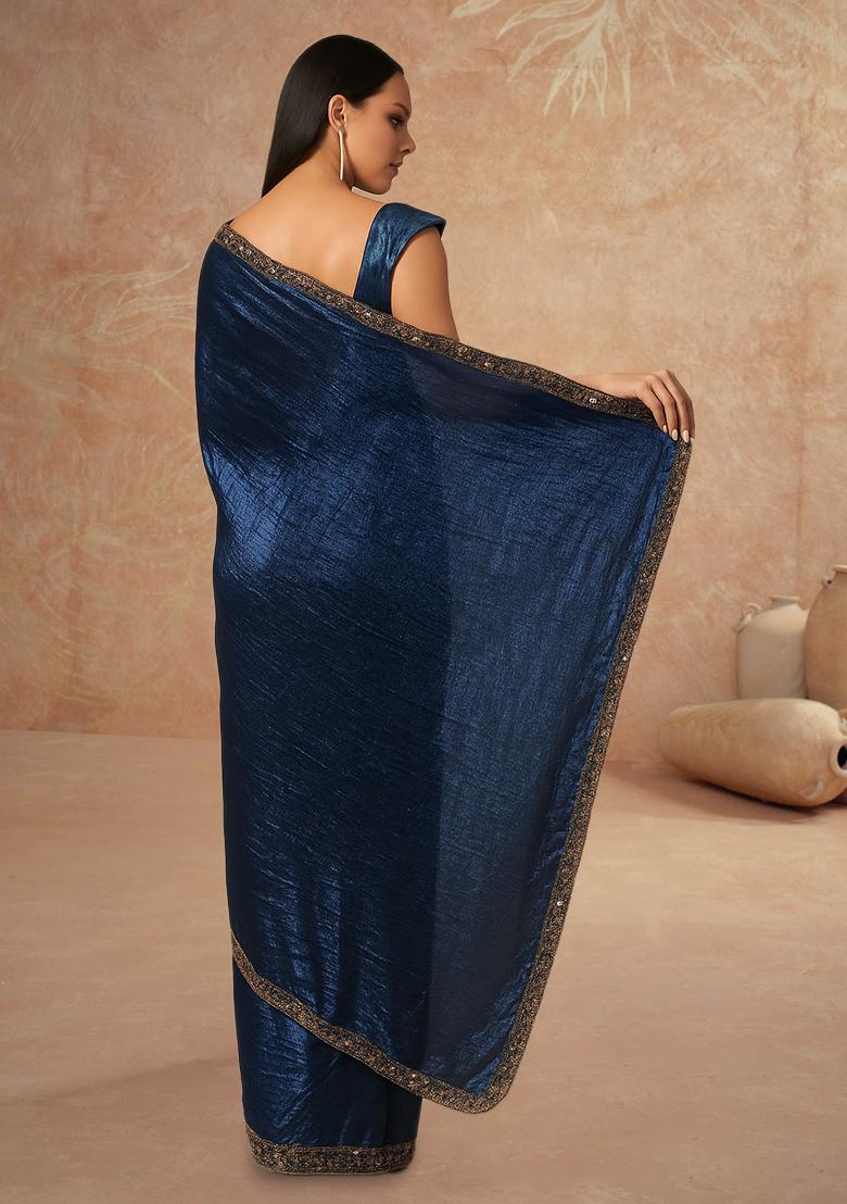 Blue Solid Knitted Foil Pre Draped Saree Set - Indya