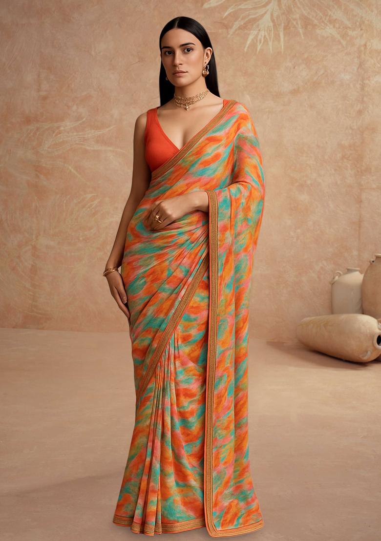 Multicolor Printed Pre Draped Saree Set