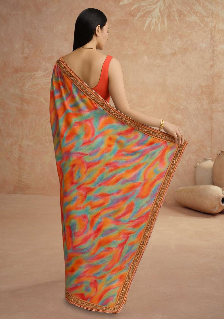 Multicolor Printed Pre Draped Saree Set
