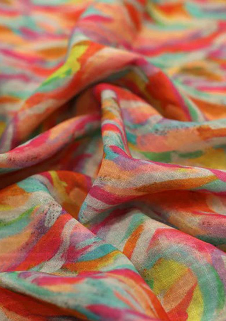 Multicolor Printed Pre Draped Saree Set