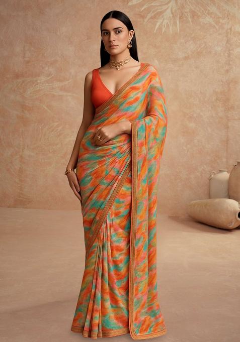Multicolor Printed Pre Draped Saree Set