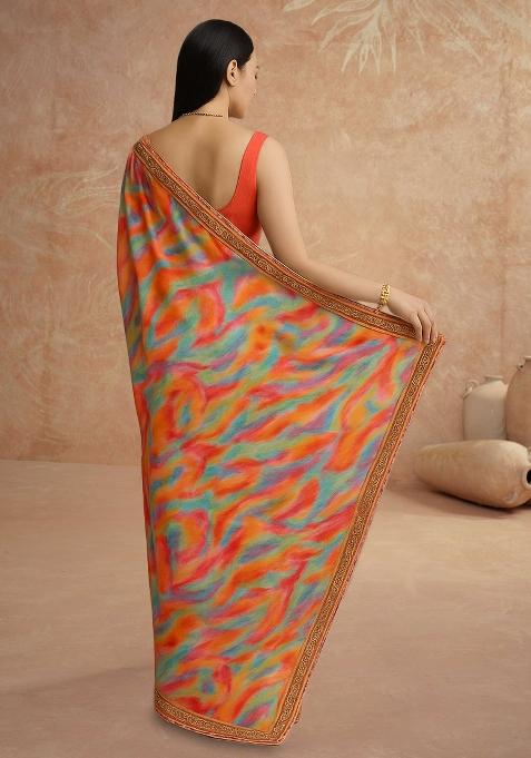 Multicolor Printed Pre Draped Saree Set
