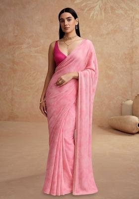 Pink Printed Georgette Pre Draped Saree Set
