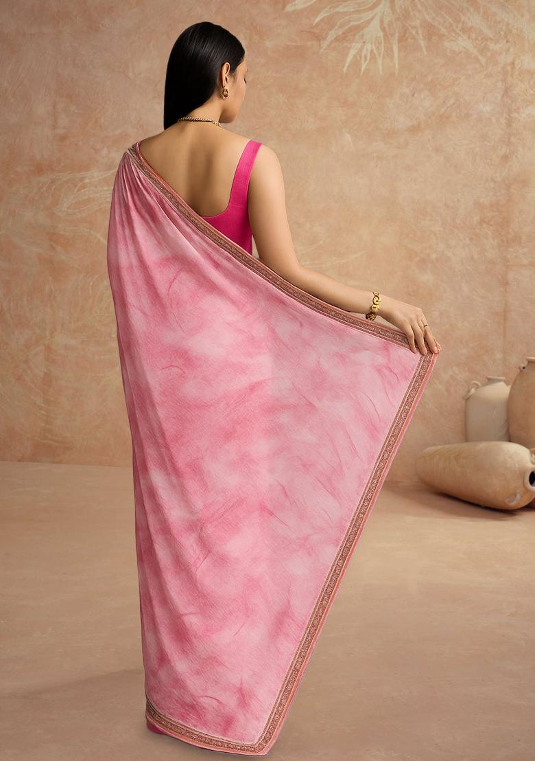 Pink Printed Georgette Pre Draped Saree Set - Indya