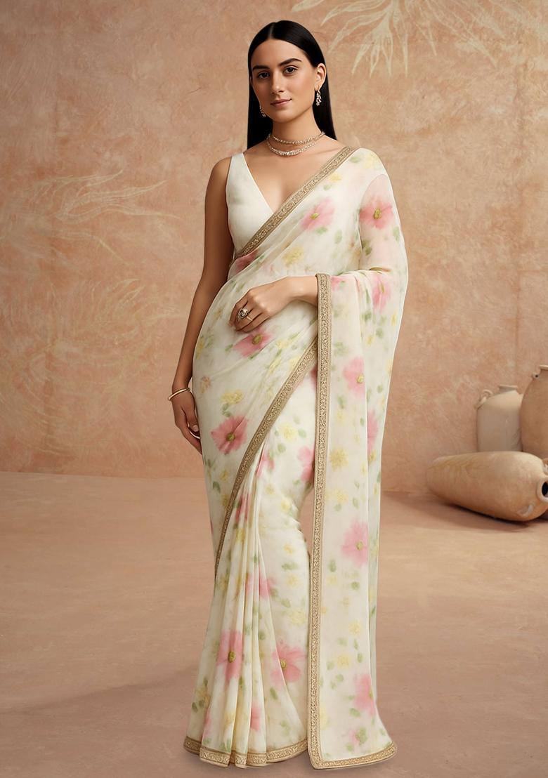 White Printed Georgette Pre Draped Saree Set - Indya