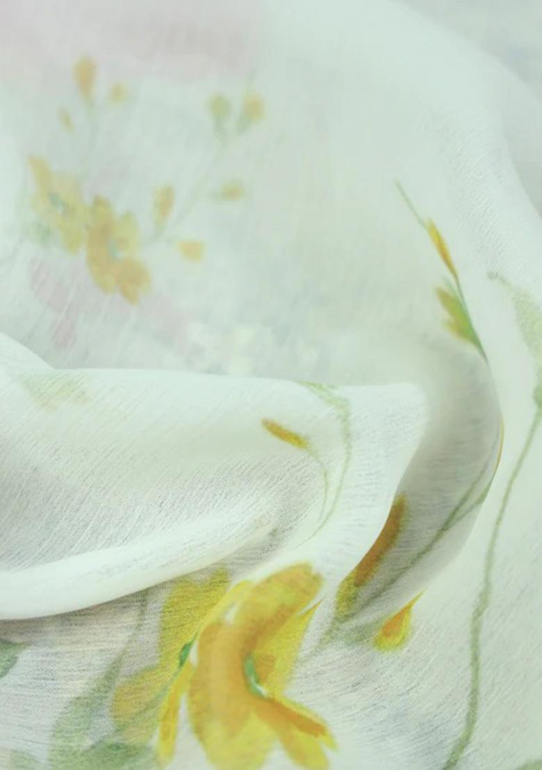 White Printed Georgette Pre Draped Saree Set - Indya