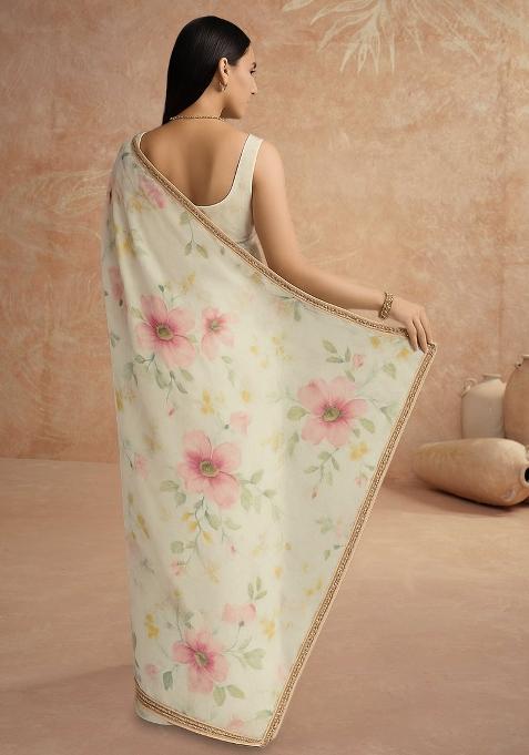 White Printed Georgette Pre Draped Saree Set