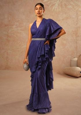 Purple Embellished Pre Draped Saree Set