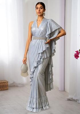 Blue Embellished Pre Draped Saree Set