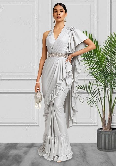 Silver Pre Draped Saree Set