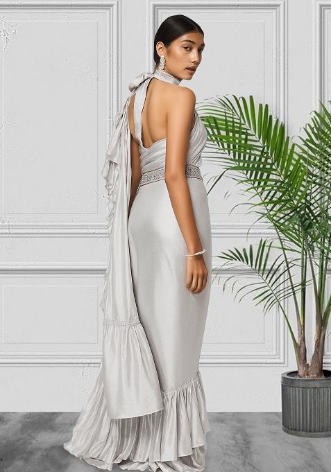Silver Pre Draped Saree Set