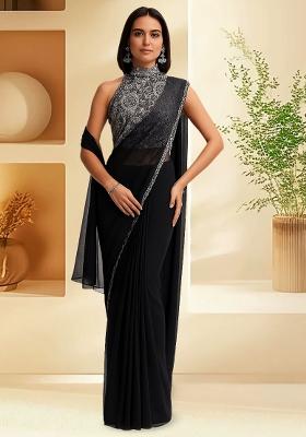 Black Embellished Blouse Pre Draped Saree Set