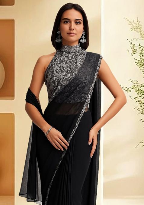Black Embellished Blouse Pre Draped Saree Set