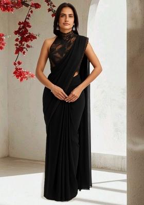 Black Embroidered Blouse Organza Pre Draped Saree Set