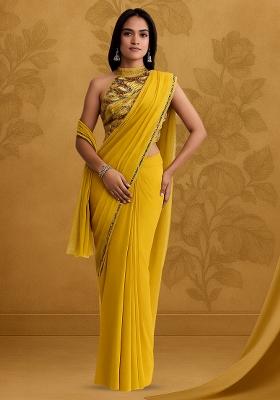 Yellow Embroidered Blouse Georgette Pre Draped Saree Set