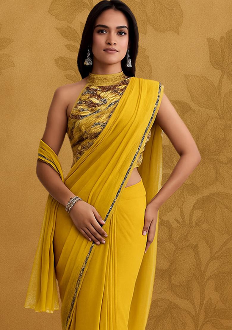 Yellow Embroidered Blouse Georgette Pre Draped Saree Set
