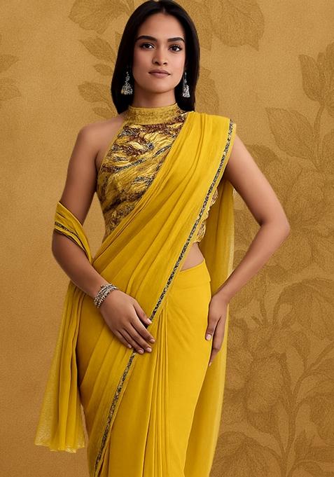 Yellow Embroidered Blouse Georgette Pre Draped Saree Set