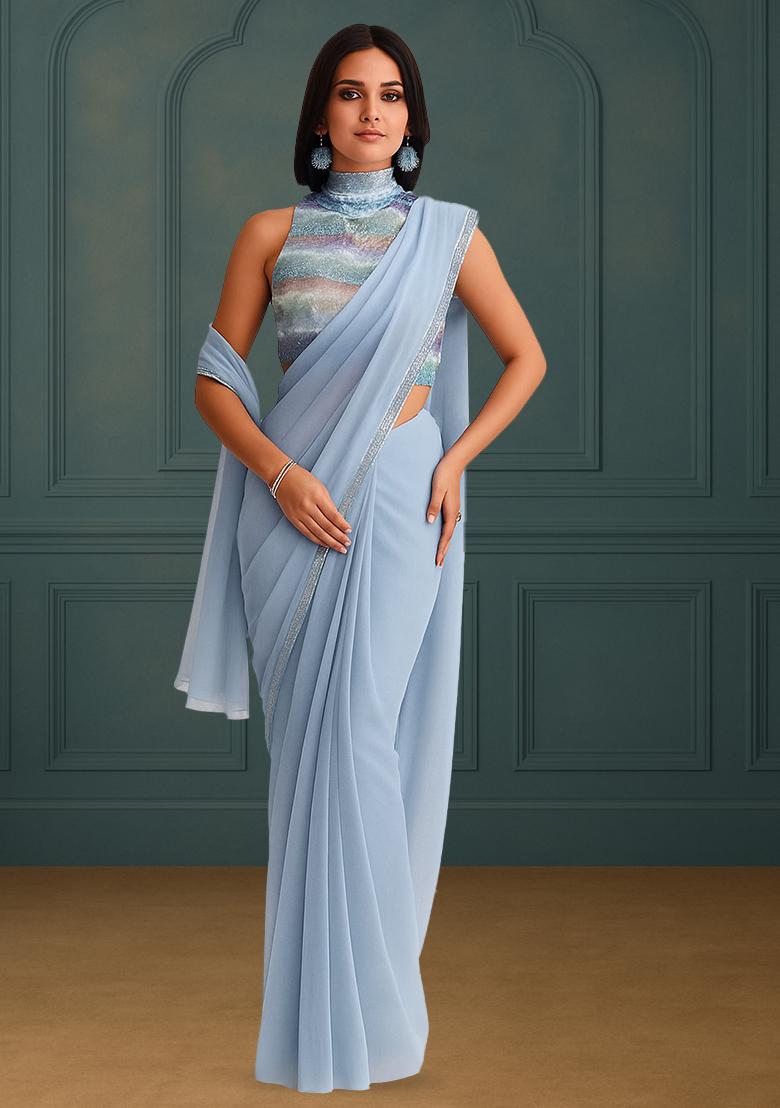 Blue Embroidered Blouse Georgette Pre Draped Saree Set