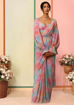 Multicolor Printed Pre Draped Saree Set