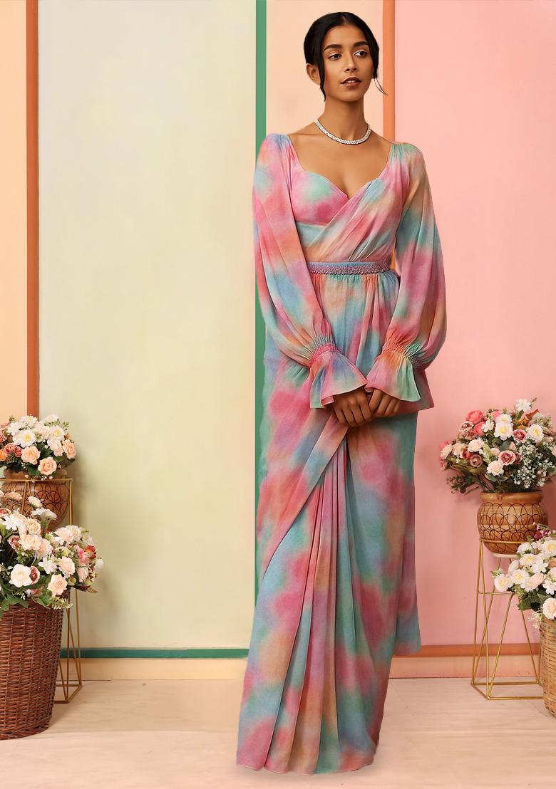 Multicolor Printed Pre Draped Saree Set