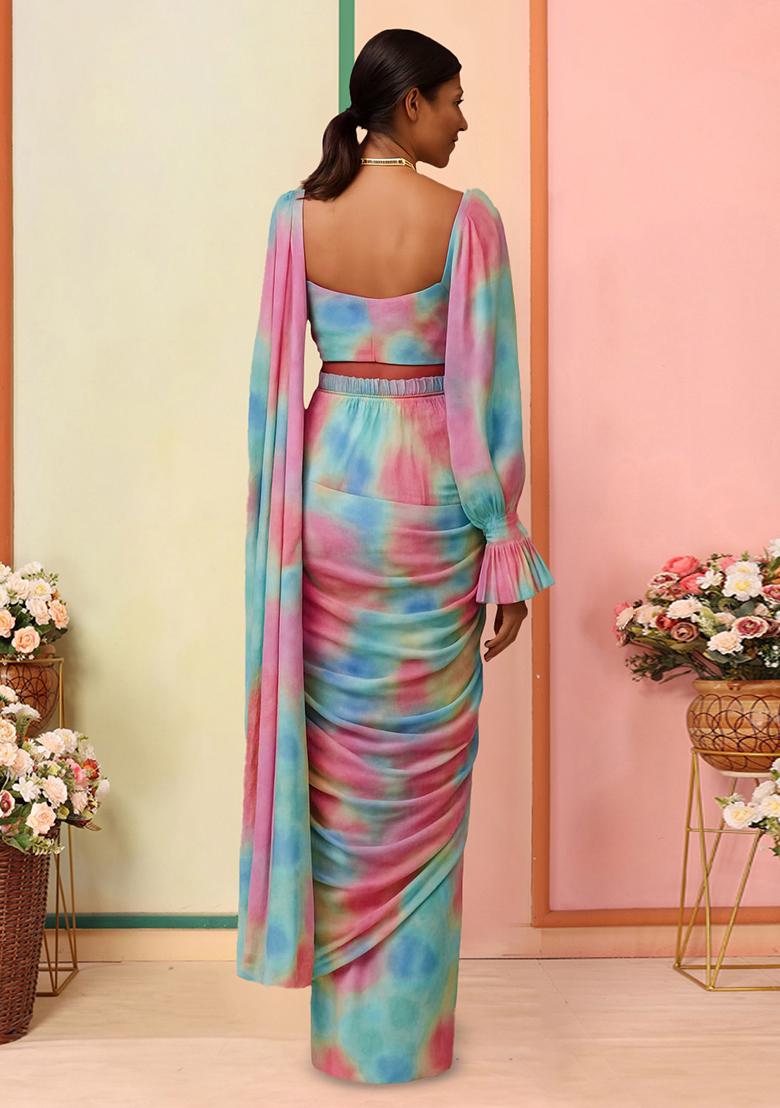 Multicolor Printed Pre Draped Saree Set