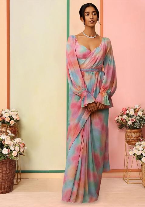 Multicolor Printed Pre Draped Saree Set