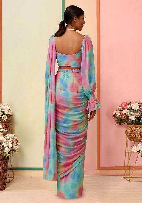 Multicolor Printed Pre Draped Saree Set