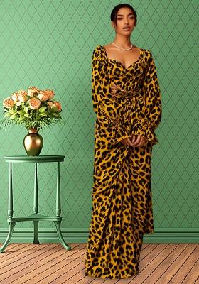 Multicolor Printed Pre Draped Saree Set