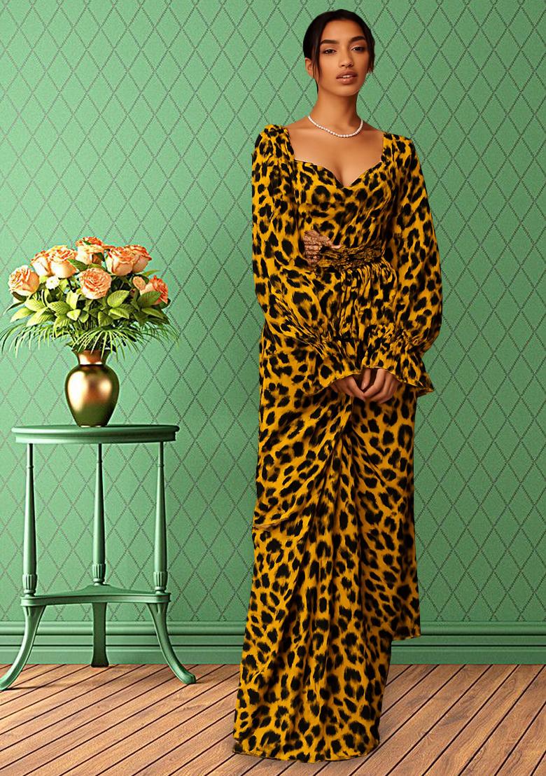 Black And Yellow Printed Pre Draped Saree Set