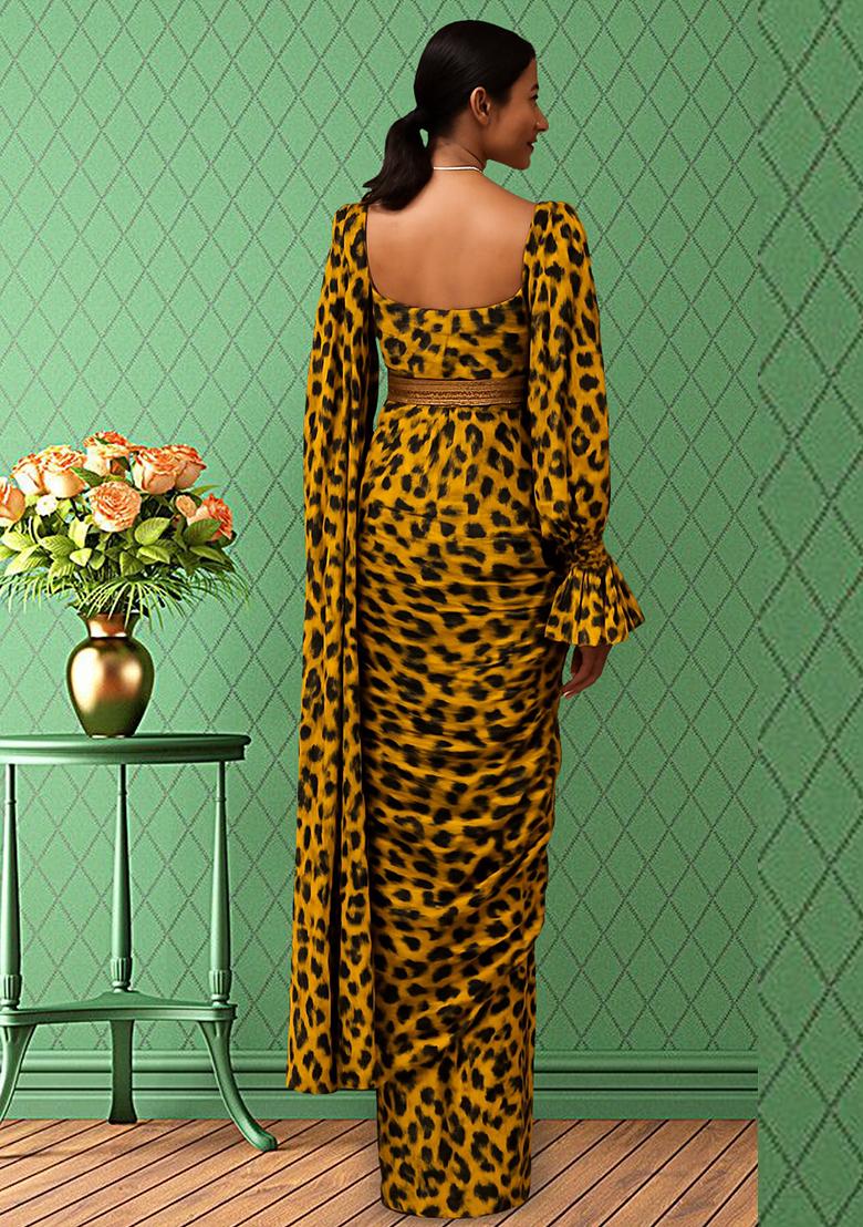 Black And Yellow Printed Pre Draped Saree Set