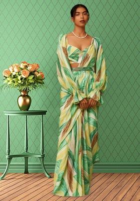 Multicolor Printed Pre Draped Saree Set